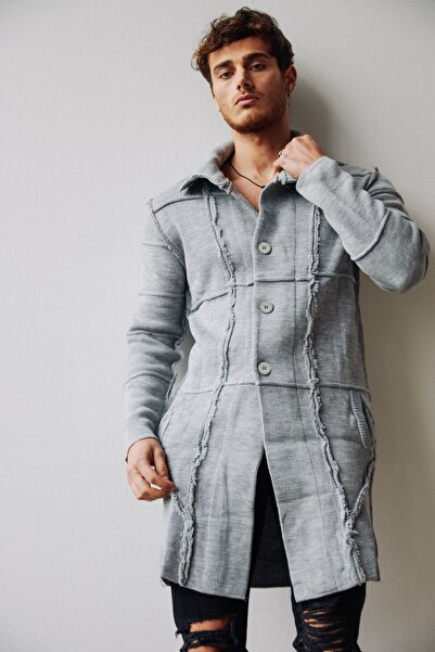 THIMOON Men's Gray Buttoned Poncho Knitwear Cardigan