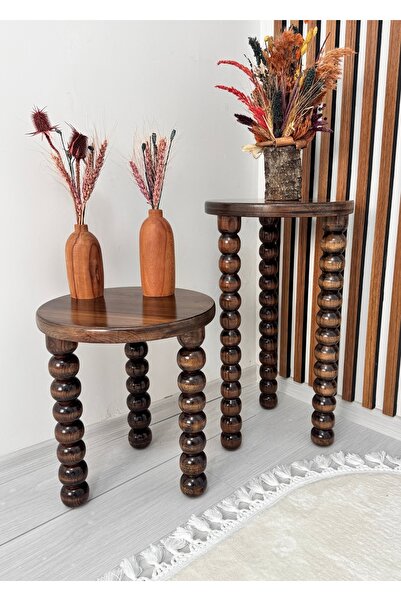 ASELYA HOME Ahşap 2’li Set El Yapımı Boncuklu Yan Sehpa Modern Ceviz Renk Fis...