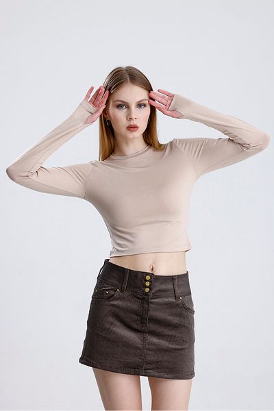 Bukamiss Γυναικεία Crop Cream Finger Λεπτομερής Μπλούζα