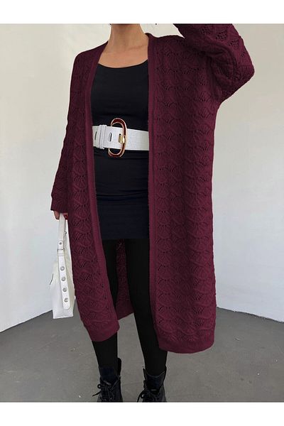 Modamorfo Openwork Medium Length Loose Knitwear Cardigan - Claret Red