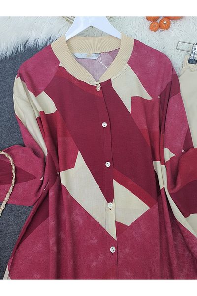 Modamorfo Flower Pattern Ribbed Buttoned Oversize Tunic - Burgundy