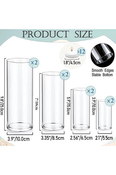 Home Zone Set of 8 Pcs Glass Cylinder Vases for Centrepieces with 12 Pcs White Floating Candles (S+M+L+XL)