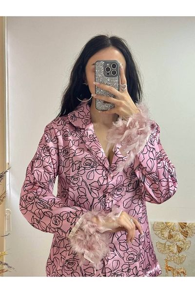 SATTENS Silky Satin Pajama Suit with Otrish Feather on the Sleeves