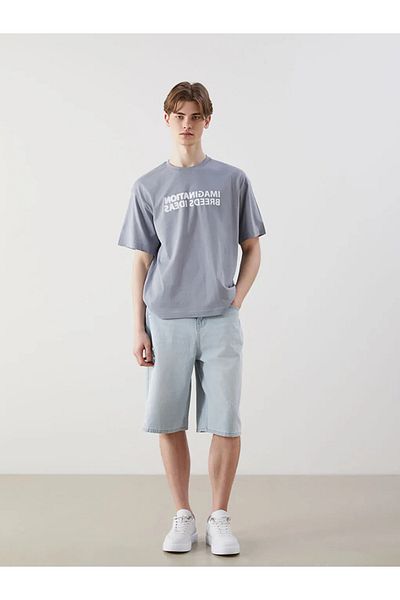 LC Waikiki Tricou pentru bărbați din bumbac pieptănat cu imprimeu gri XSIDE