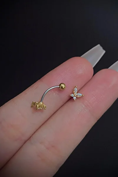 Blisse Piercing Women's Butterfly Figured Hologram Stone Rook and Eyebrow Steel Piercing