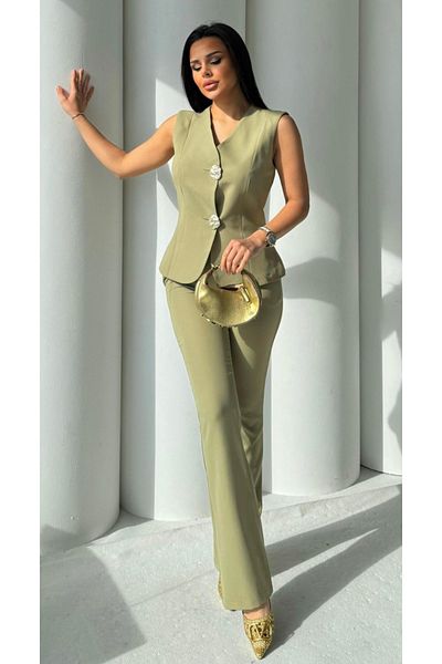 pembekurdelem Women's Gold Buttoned Vest Trousers Suit Khaki
