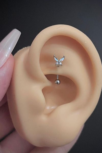 Blisse Piercing Women's Butterfly Figured Hologram Stone Rook and Eyebrow Steel Piercing