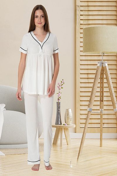 Puerpera Effortt Biyeli Ecru Summer Maternity Maternity Nightgown Dressing Gown and Pajama Set 5096