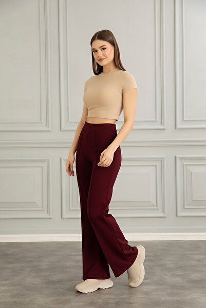 Alos Women's Burgundy Modal Wide Leg Striped High Waist Soft Textured Lycra Trousers with Elastic Waist