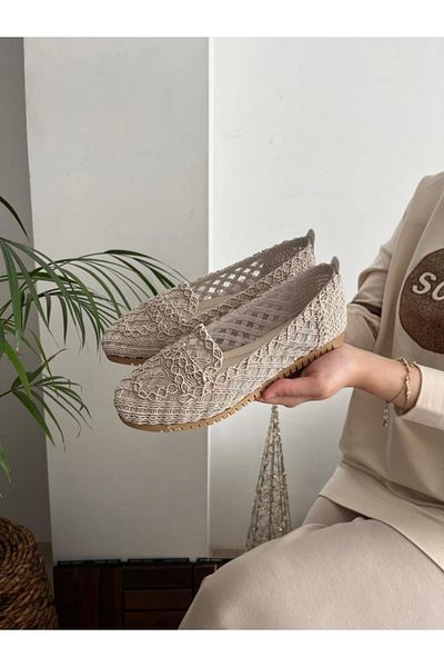 Behtah Kundura Women's Closed Front Straw Ballerinas Lace Knitted Dowry Daily Ballerinas