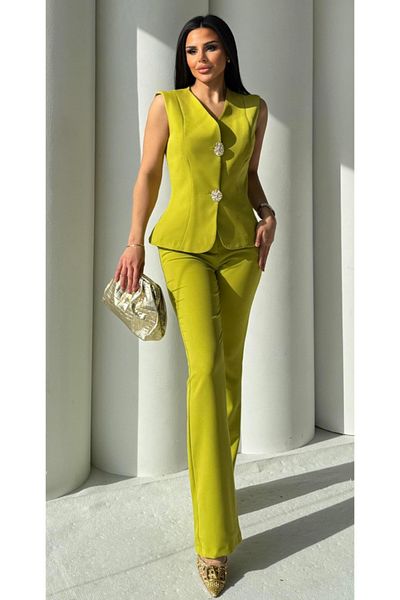 pembekurdelem Women's Gold Button Vest - Green Kelly Pants Set