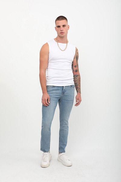 Bluewhite Pantaloni slim pentru bărbați, cu talie normală, cu croială dreaptă, cu picior îngust, din lycra, albastru