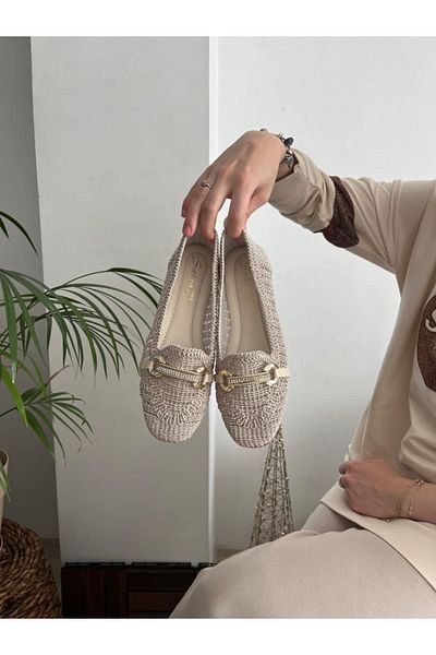 Behtah Kundura Women's Closed Front Straw Ballerinas Lace Knitted Dowry Daily Ballerinas