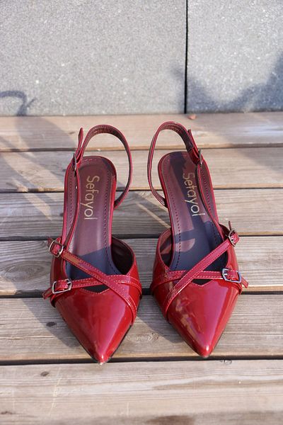 sefayol Jeremy Burgundy Patent Leather Double Buckle Heeled Women's Shoes
