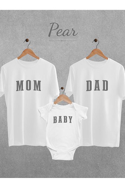 Pear Wear Printed Set of 3 - Mom Dad Baby, Gender Party, Bodysuit Patterned Oversize T-Shirt Bodysuit
