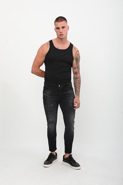 Bluewhite Ανδρικό Skinny Fit Ripped Λεπτομερές Jean Black