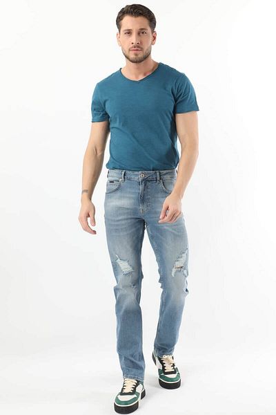 BANNY JEANS Мъжки сини дънки с разкъсани коляното и нормална кройка