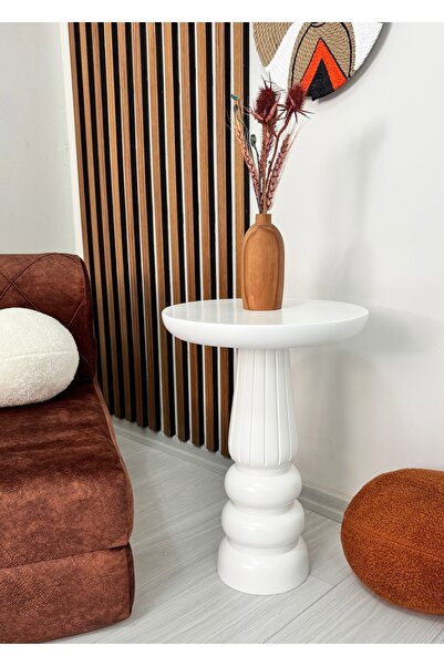 ASELYA HOME Ahşap Tekli Mantar Yan Sehpa Modern 50cm Beyaz Renk Fiskos Çiçeklik