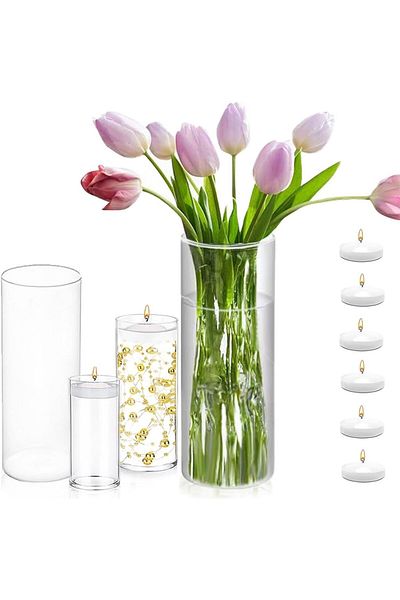 Home Zone Set of 4 Pcs Glass Cylinder Vases for Centrepieces with 6 Pcs White Floating Candles (S+M+L+XL)