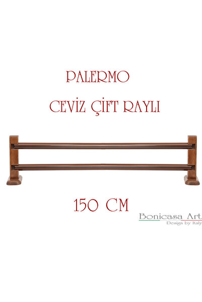 BonicasaArt Palermo Ceviz Çift Raylı Ahşap Başlıklı Rustik Perde Askısı Çetra...