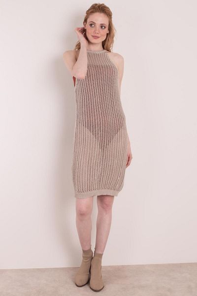 FASHION COCKTAIL Плетена прозрачна рокля без ръкави с парео бикини, кафява