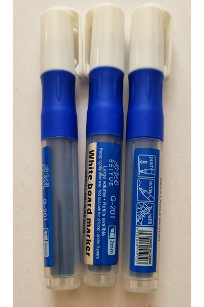 Modellino 3 Adet Mavi Refillable BYB G-201 Doldurulabilir Beyaz Tahta Kalemi 2mm