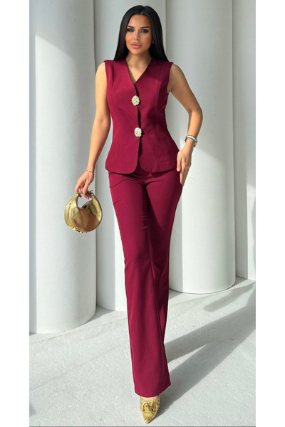 pembekurdelem Kadın Gold Düğmeli Yelek Pantolon Takım Bordo