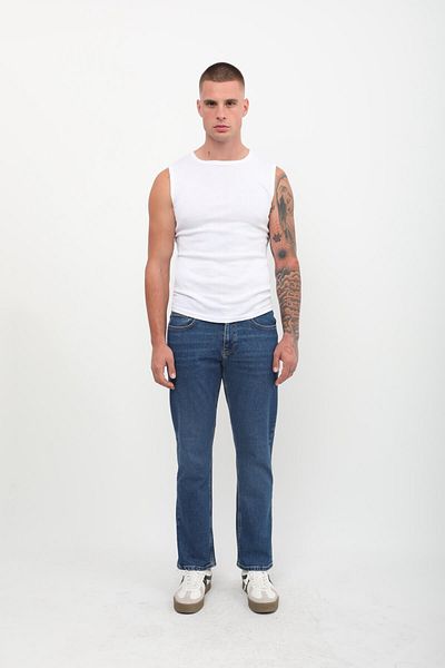 Bluewhite Pantaloni de jeans pentru bărbați, cu talie normală, cu tăietură relaxată, cu picioare drepte, albastru închis