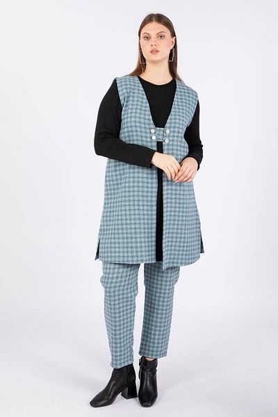 Bluewhite Set vestă cu carouri mărime mare pentru femei, 3 piese, albastru