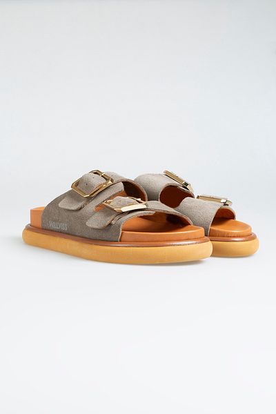 walviss Arandis Women's Genuine Suede Leather Double Buckle Smoked Slippers
