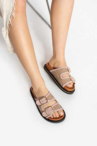 walviss Γυναικείες παντόφλες Klein με διπλή πόρπη από ψάθινο πλέγμα σε χρώμα πούδρα