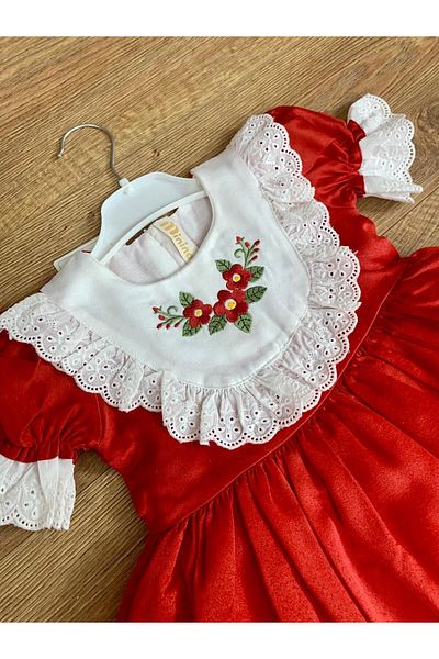 minikiti Girl's Baby Scalloped Flower Embroidery Lined Vintage Stylish Holiday Birthday Special Day Red Dress
