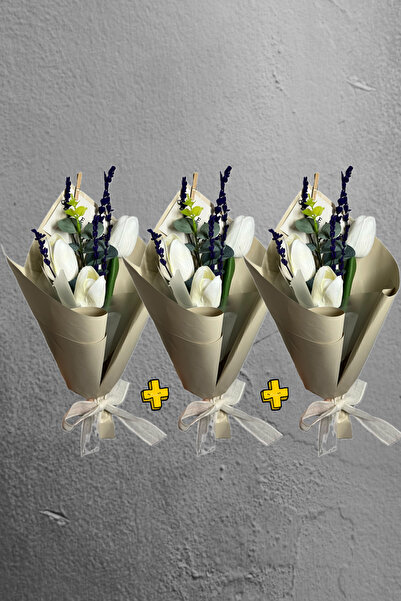 Luxe Floral Bouquet '3' Pieces of Eucalyptus Decorated 3-Piece Mini Tulip Bouquet & Mother's Bouquet & Women's Day & Coffee Side Flower