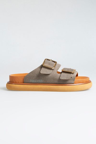 walviss Arandis Women's Genuine Suede Leather Double Buckle Smoked Slippers