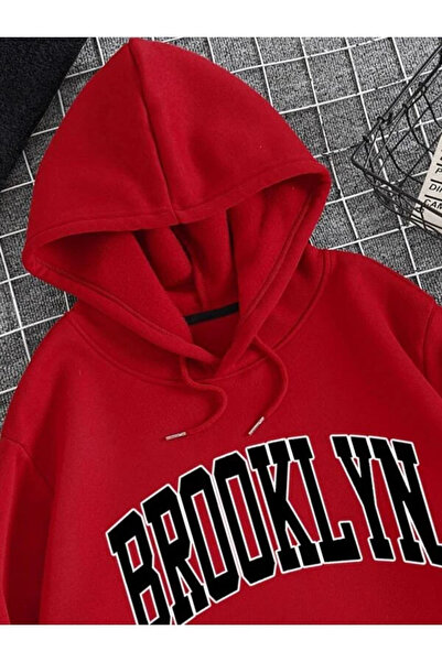 TARCENMODA سويت شيرت بقلنسوة كبير الحجم للجنسين مطبوع عليه بروكلين باللون الأحمر