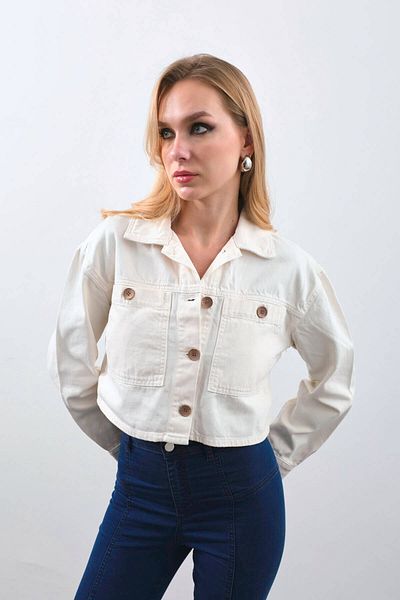 Bluewhite Women's Ecru Crop Cut Jeans Jacket