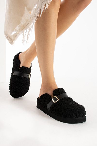 walviss Mufy Women's Furry Single Buckle Black Slippers