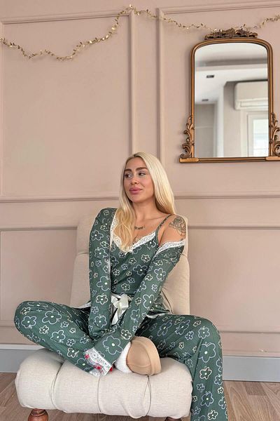 Pijamaevi Green Line Floral Patterned Pegasus Pajama Set with Dressing Gown