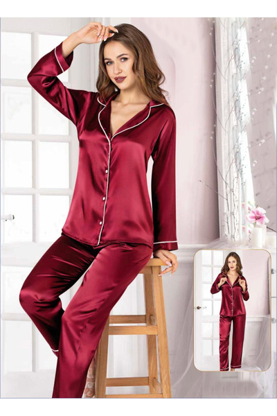 Viselya Σετ Πιτζάμες Σατέν με Κουμπιά σε Βουργουνδί