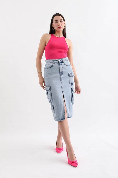 BANNY JEANS Fusta de damă cu buzunar cargo cu fantă în față, albastru gheață