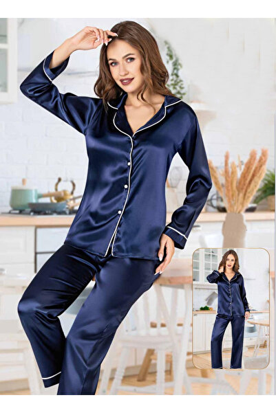 Viselya Σετ Πιτζάμες Σατέν με Κουμπιά σε Ναυτικό Μπλε
