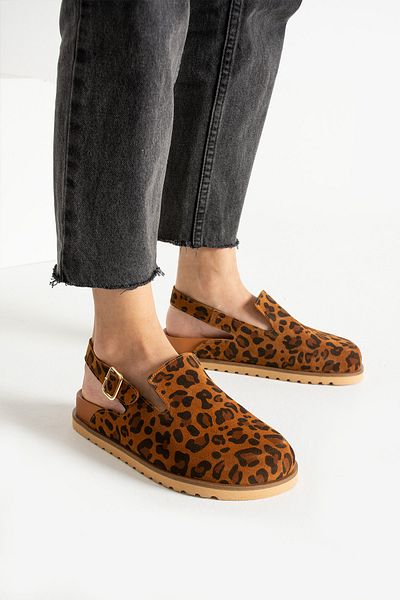 walviss Safari Women's Genuine Leather Single Buckle Coconat Leopard Sandals
