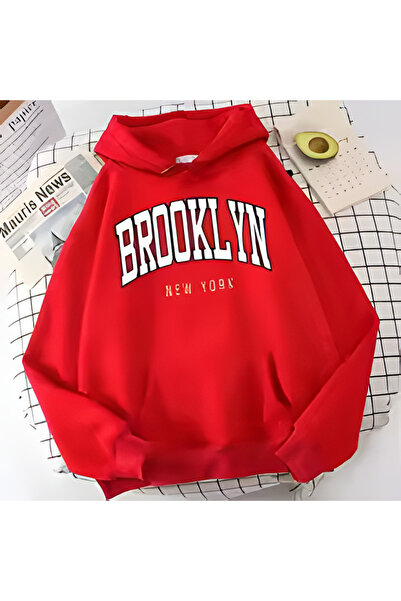 TARCENMODA سويت شيرت بقلنسوة كبير الحجم للجنسين مطبوع عليه بروكلين باللون الأحمر
