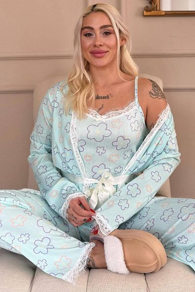 Pijamaevi Blaue Linie Blume gemustert Pegasus Pyjama Set mit Morgenmantel