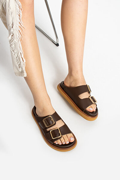 walviss Arandis Дамски ортопедични кафяви пантофи от естествена кожа с двойна катарама