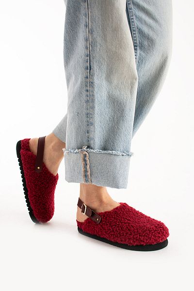 walviss Moshe Women's Fur Single Buckle Burgundy Sandals
