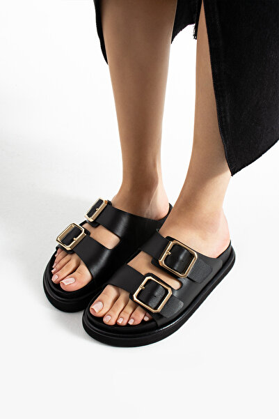 walviss Papuci negri confortabili ortopedici cu cataramă dublă din piele naturală pentru femei Arandis