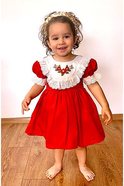 minikiti Girl's Baby Scalloped Flower Embroidery Lined Vintage Stylish Holiday Birthday Special Day Red Dress