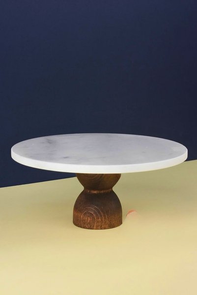 Woodcept. Natural Marble Round Cake and Cake Stand with Wooden Legs, Decorative Marble Presentation Stand and Serving Stand
