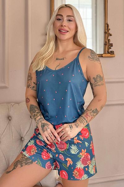 Pijamaevi Set de pijamale pentru femei cu bretele din frânghie cu model tropicale petroliere